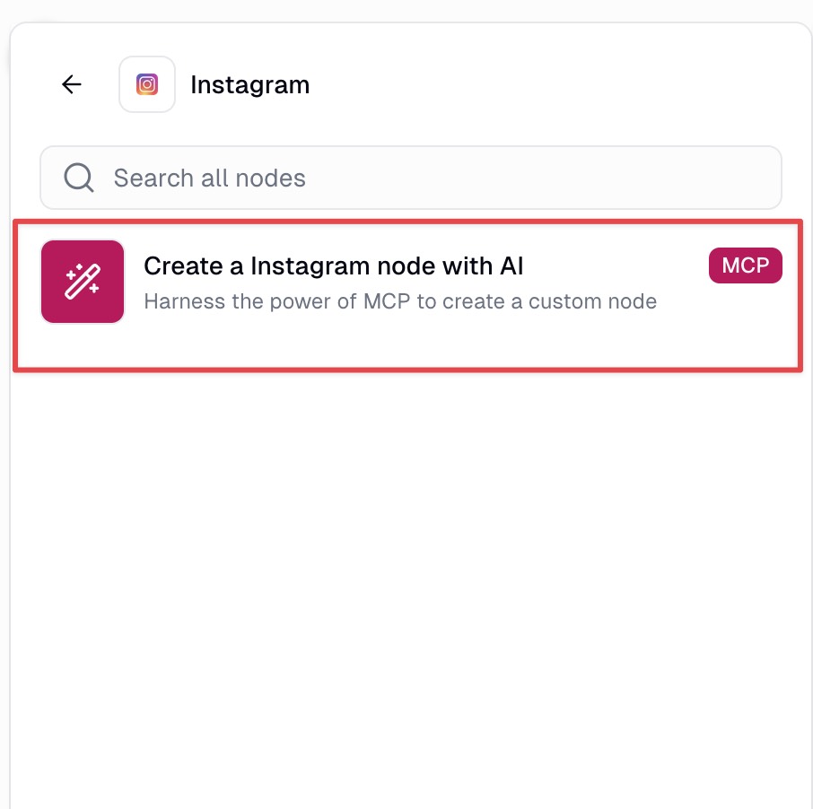 Instagram MCP node on canvas
